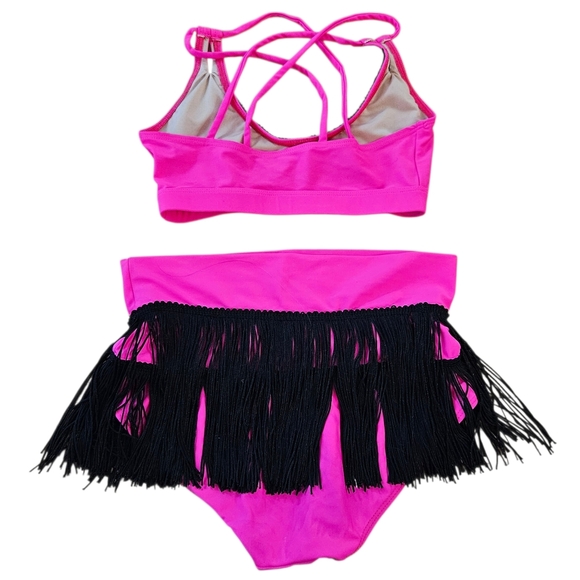 Kandi Kouture Neon Pink Black Fringe Two-Piece Salsa Dance Outfit Teen XS - Picture 2 of 3